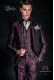 Baroque groom suit, vintage mao collar frock coat in purple jacquard fabric with silver embroidery and crystal clasp