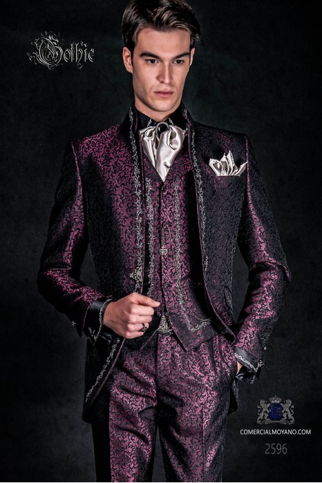 Costume de marié baroque, mao col redingote vintage en tissu jacquard violet avec broderie en d'argent et fermoir en cristal