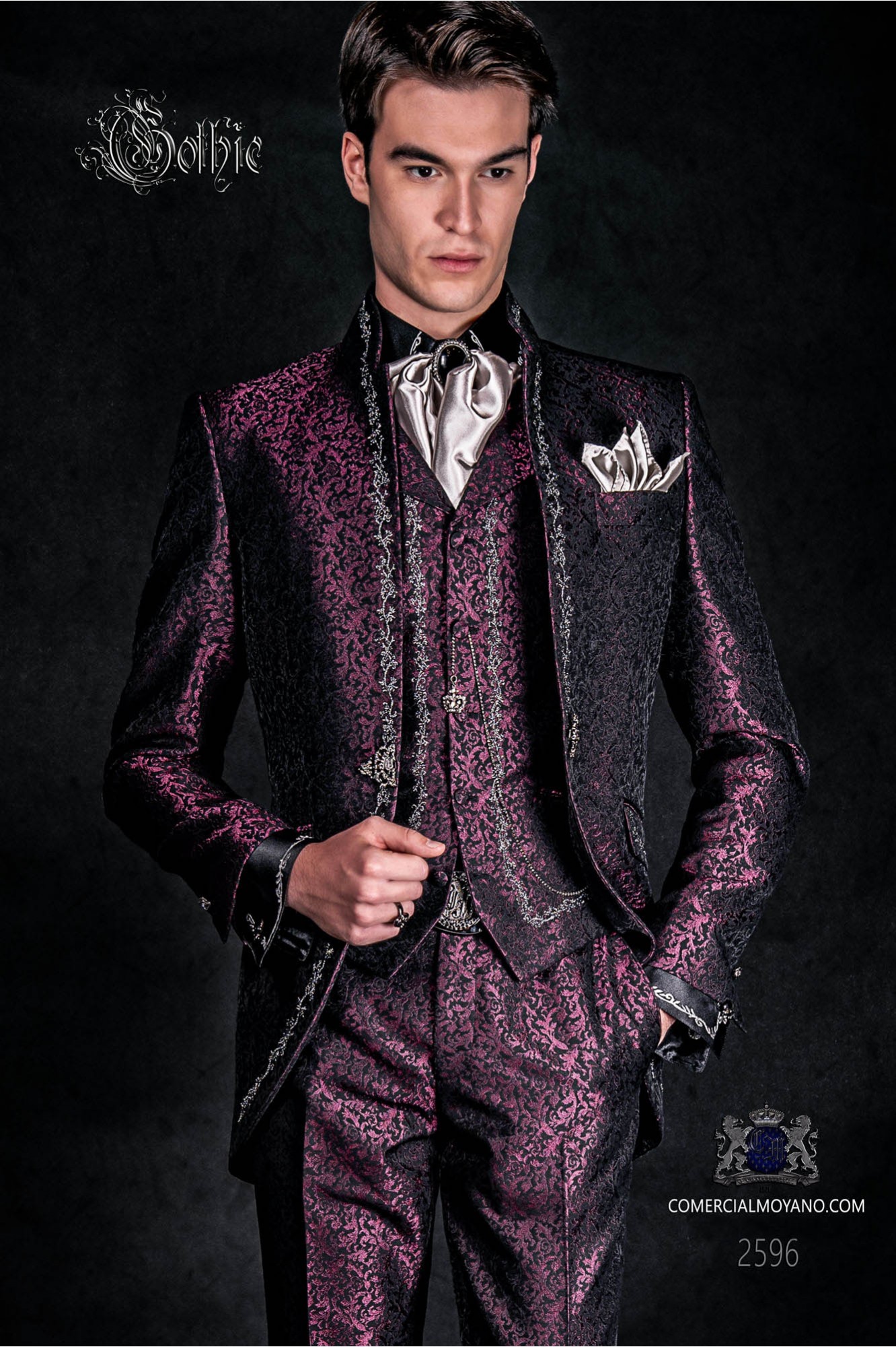 Baroque groom suit, vintage mao collar frock coat in purple jacquard fabric with silver embroidery and crystal clasp model 2596 Mario Moyano