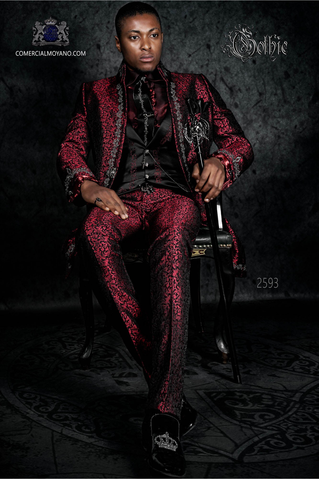 Baroque groom suit, vintage Napoleon collar frock coat in red jacquard fabric with silver embroidery and crystal clasp model 2593 Mario Moyano
