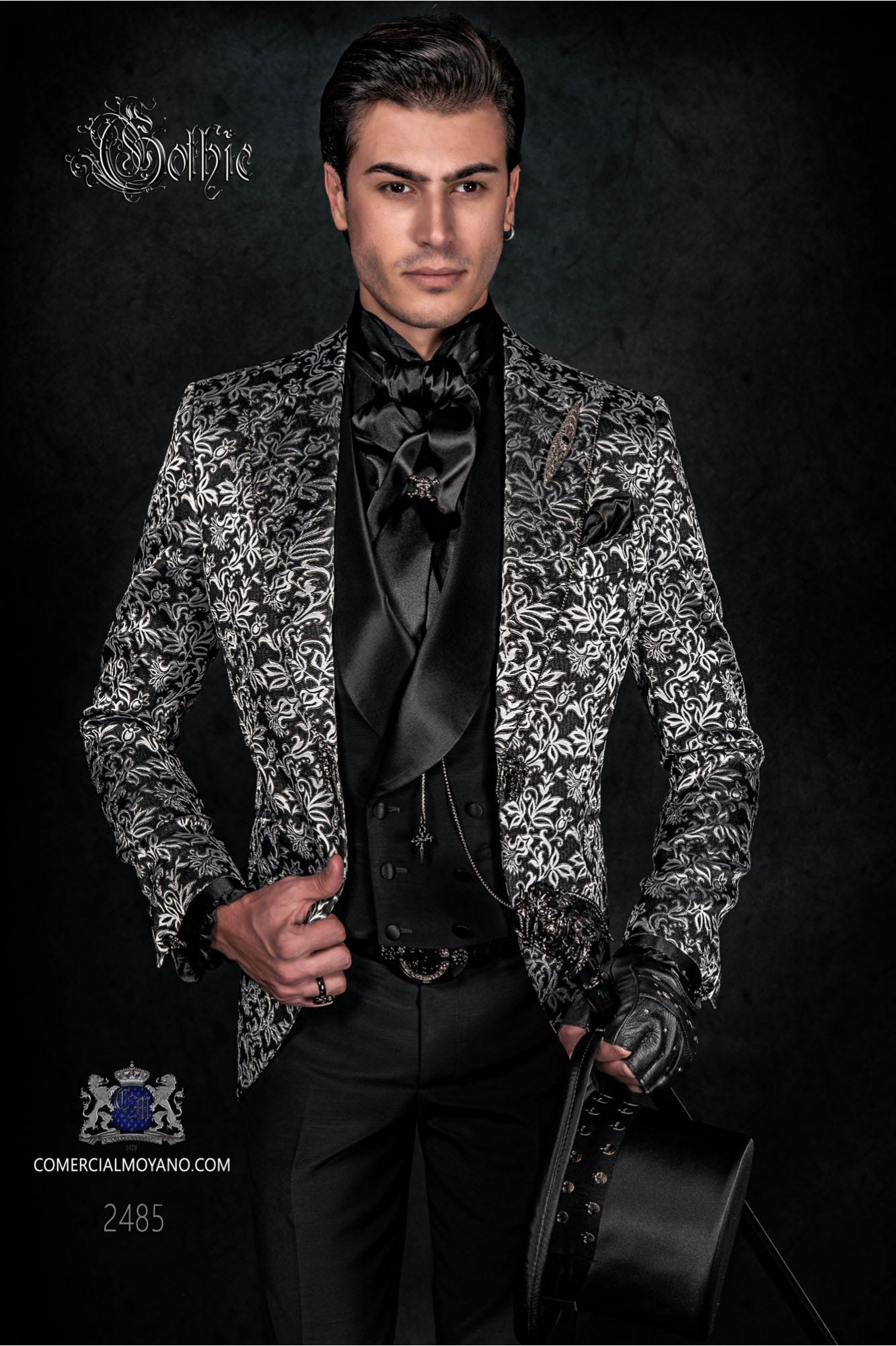 Gothic fashion groom frock coat black and silver brocade model 2485 Mario Moyano