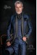 Wedding suit, vintage mao frock coat in blue jacquard fabric with black rhinestones