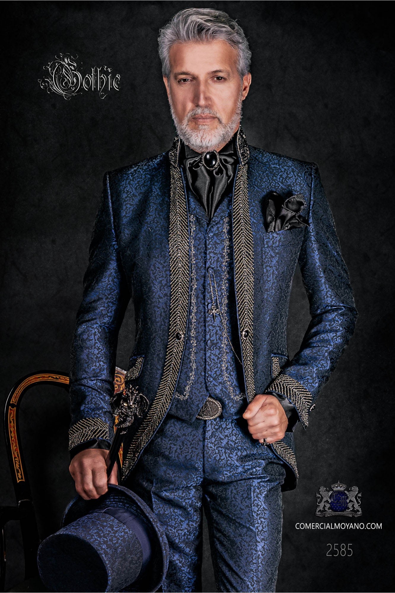 Vintage mao frock coat wedding suit in blue jacquard fabric with black rhinestones model 2585 Mario Moyano