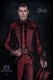 Traje de novio barroco, levita de época cuello mao en tejido jacquard rojo con bordados plateados y broche de cristal
