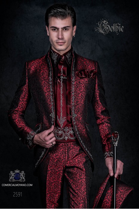 Baroque groom suit, vintage mao collar frock coat in red jacquard fabric with silver embroidery and crystal clasp