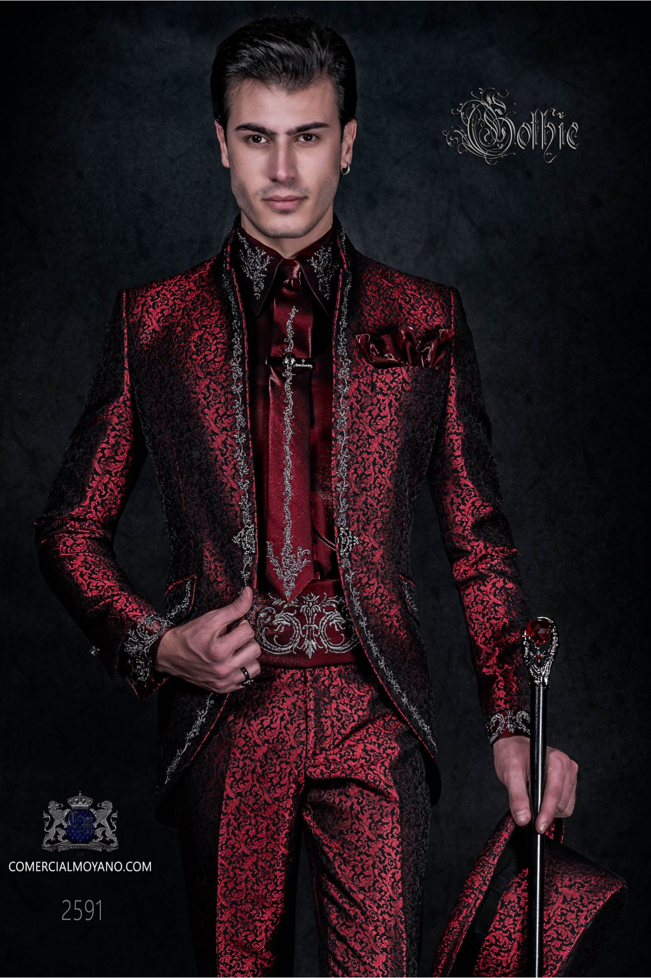 Baroque groom suit, vintage mao collar frock coat in red jacquard fabric with silver embroidery and crystal clasp model 2591 Mario Moyano
