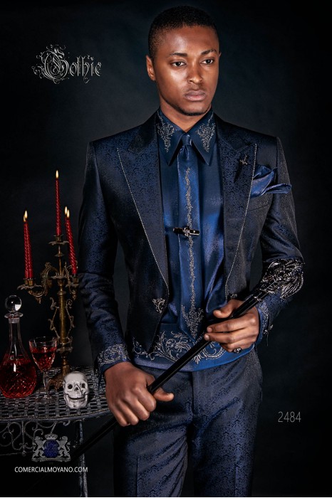 Baroque blue jacquard groom tailcoat with crystal rhinestones on the lapels