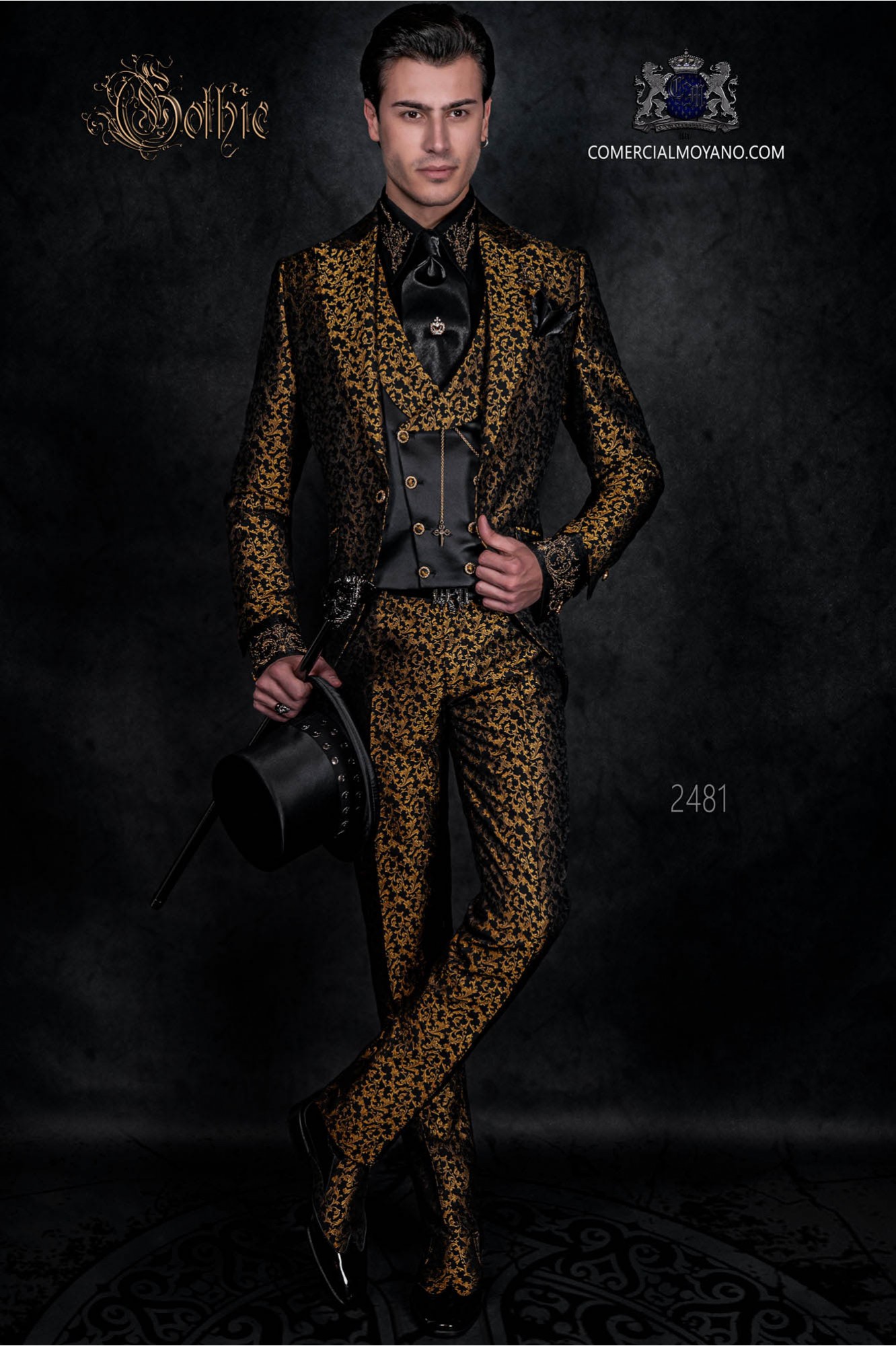 Italian gothic style frock coat black and golden brocade groom suit