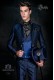 Traje de novio levita vintage en tejido brocado azul-negro con cuello Mao con pedrería negra