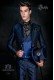 Vintage Men wedding frock coat in blue-black brocade fabric with Mao collar with black rhinestones