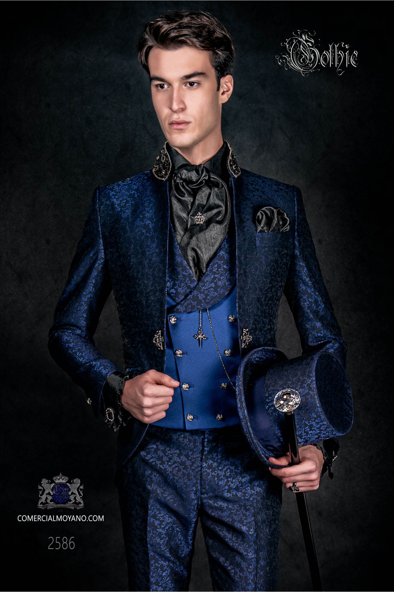 Vintage Men wedding frock coat in blue-black brocade fabric with Mao collar with black rhinestones model 2586 Mario Moyano