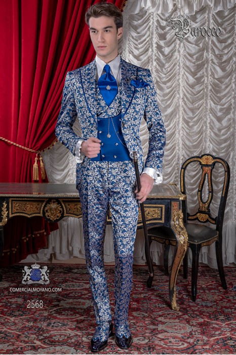 Vintage frock coat blue and silver jacquard fabric, lapels with satin profile.
