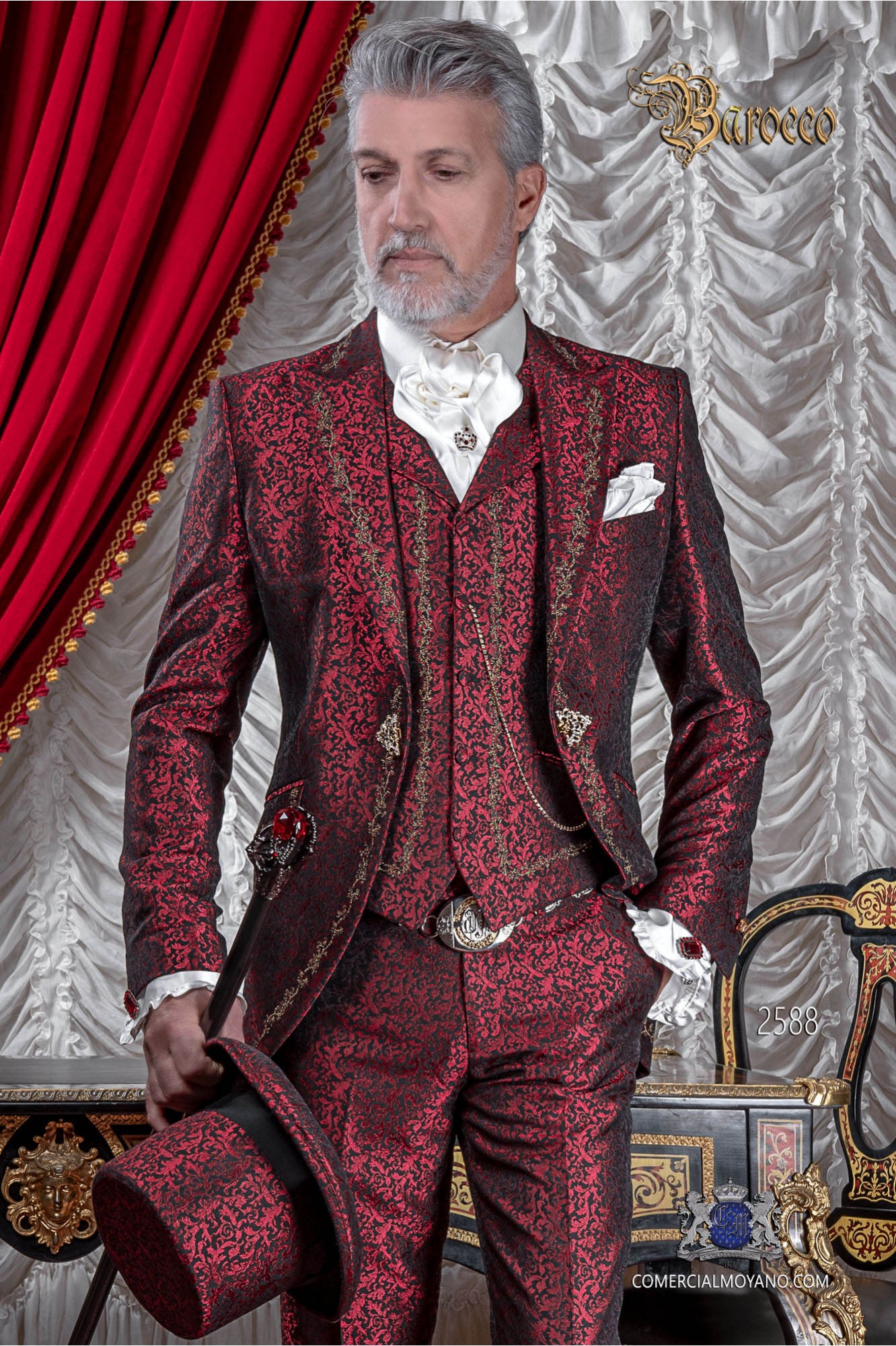Baroque groom suit, vintage frock coat in red jacquard fabric with golden embroidery and crystal clasp