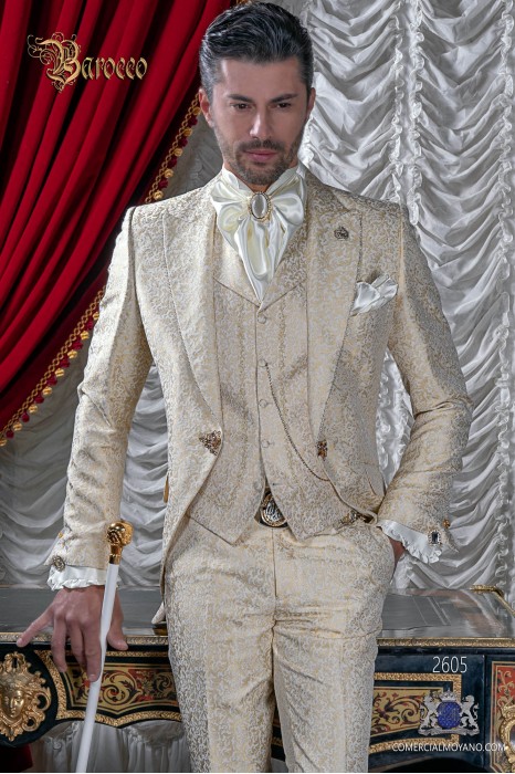 Barock Anzug Mantel elfenbein jacquard mit Brosche Fantasie
