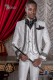 Baroque wedding suit, vintage frock coat in white floral brocade fabric, Mao collar with black rhinestones
