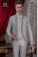 Baroque wedding suit, vintage Mao collar frock coat in pearl gray floral brocade fabric with rhinestones