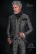 Vintage Herren Hochzeit Gehrock in schwarze und silber Brokat Stoff mit Mao Kragen mit schwarzen Strasssteinen