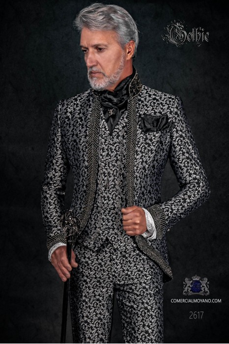 Vintage Men wedding frock coat in black and silver brocade fabric with Mao collar with black rhinestones