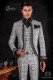 Vintage Men wedding frock coat in black and white brocade fabric with Mao collar with black rhinestones