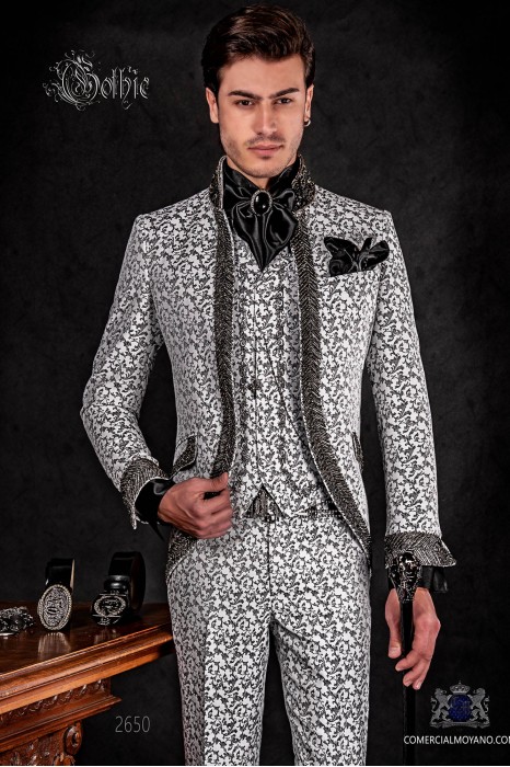 Vintage Men wedding frock coat in black and white brocade fabric with Mao collar with black rhinestones