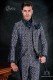 Traje de novio levita vintage en tejido brocado azul y plata con cuello Mao con pedrería negra