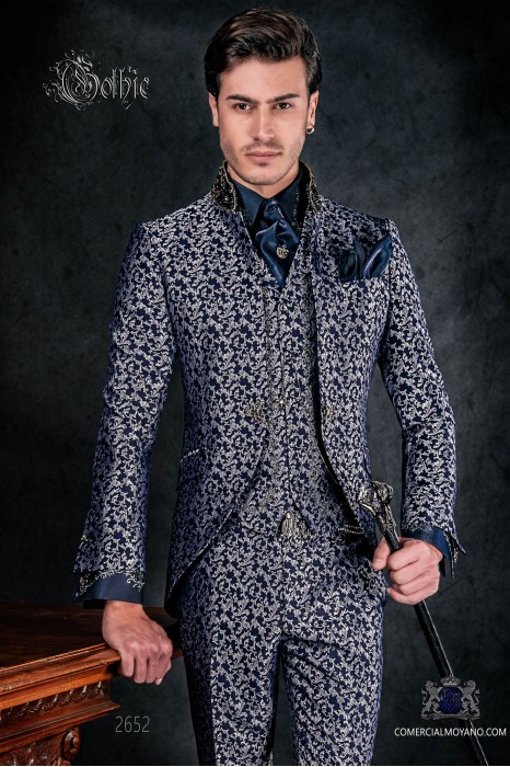 Manteau de mariée Vintage Homme en tissu de brocart bleu et argent avec col Mao avec strass noirs