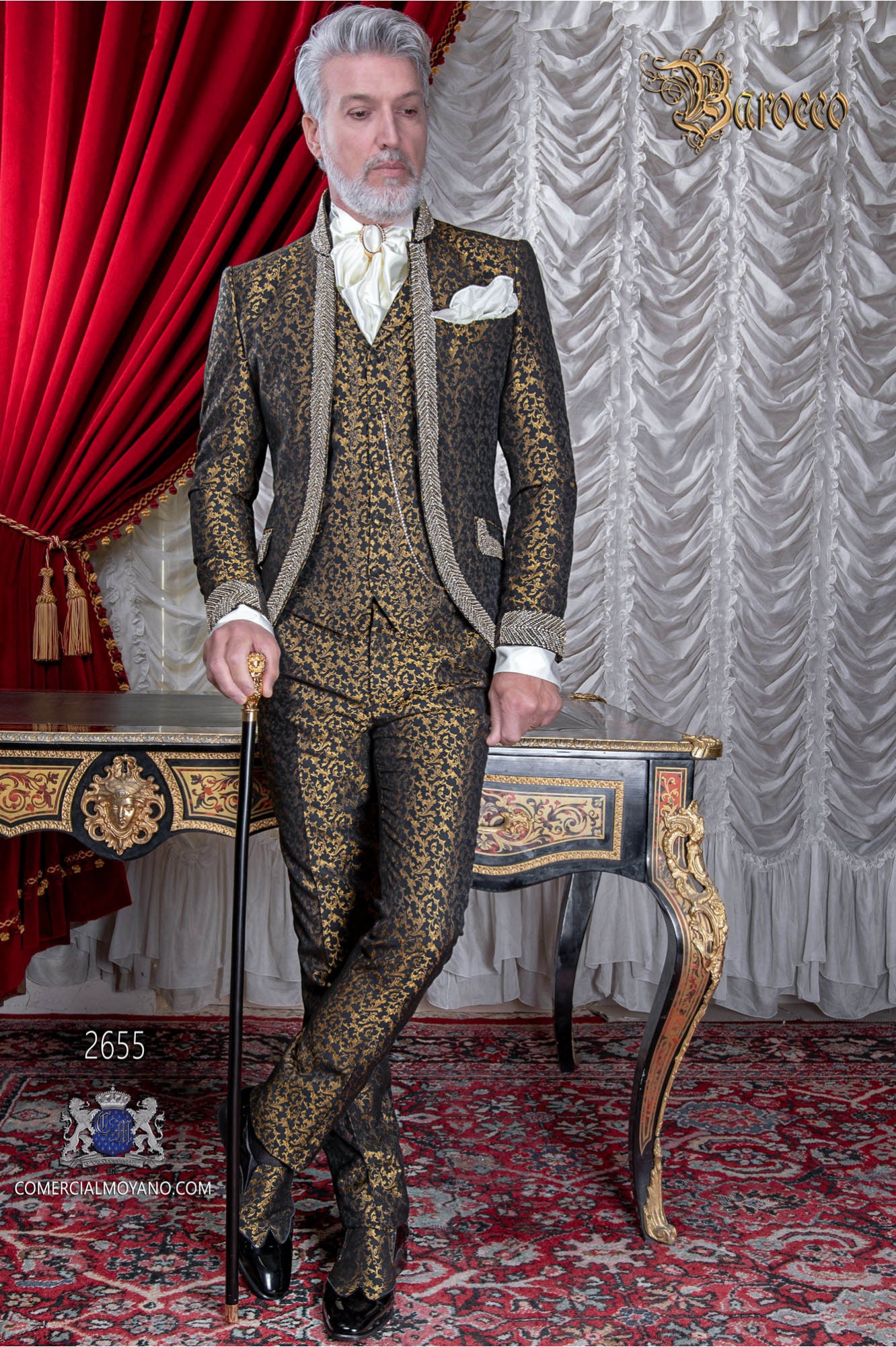 Baroque wedding suit, vintage Mao collar frock coat in black and gold floral brocade fabric with rhinestones model 2655 Mario Moyano