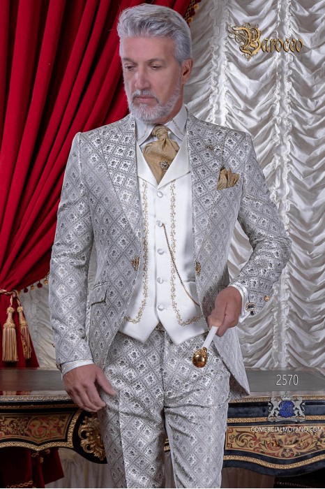 Baroque brocade ivory and gold frock coat with crystal rhinestones lapels