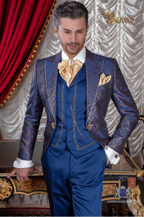 Gehrock Bräutigam Anzug, blau und gold, aus Brokat-Stoff