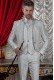 Vintage Herren Hochzeit Gehrock in Pearl grey Brokat Stoff mit Mao Kragen mit Strasssteinen