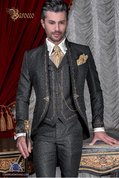 Baroque groom suit, vintage mao collar frock coat in black jacquard fabric with golden embroidery and crystal clasp