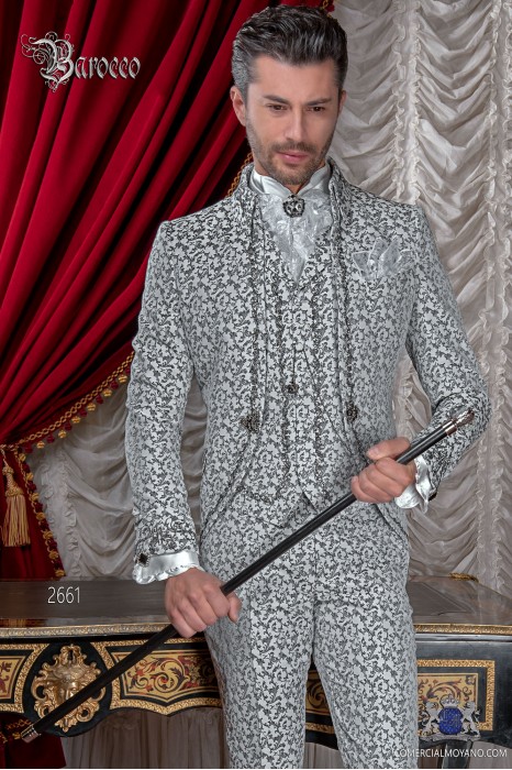 Baroque groom suit, vintage Napoleon collar frock coat in white and black jacquard fabric with black embroidery