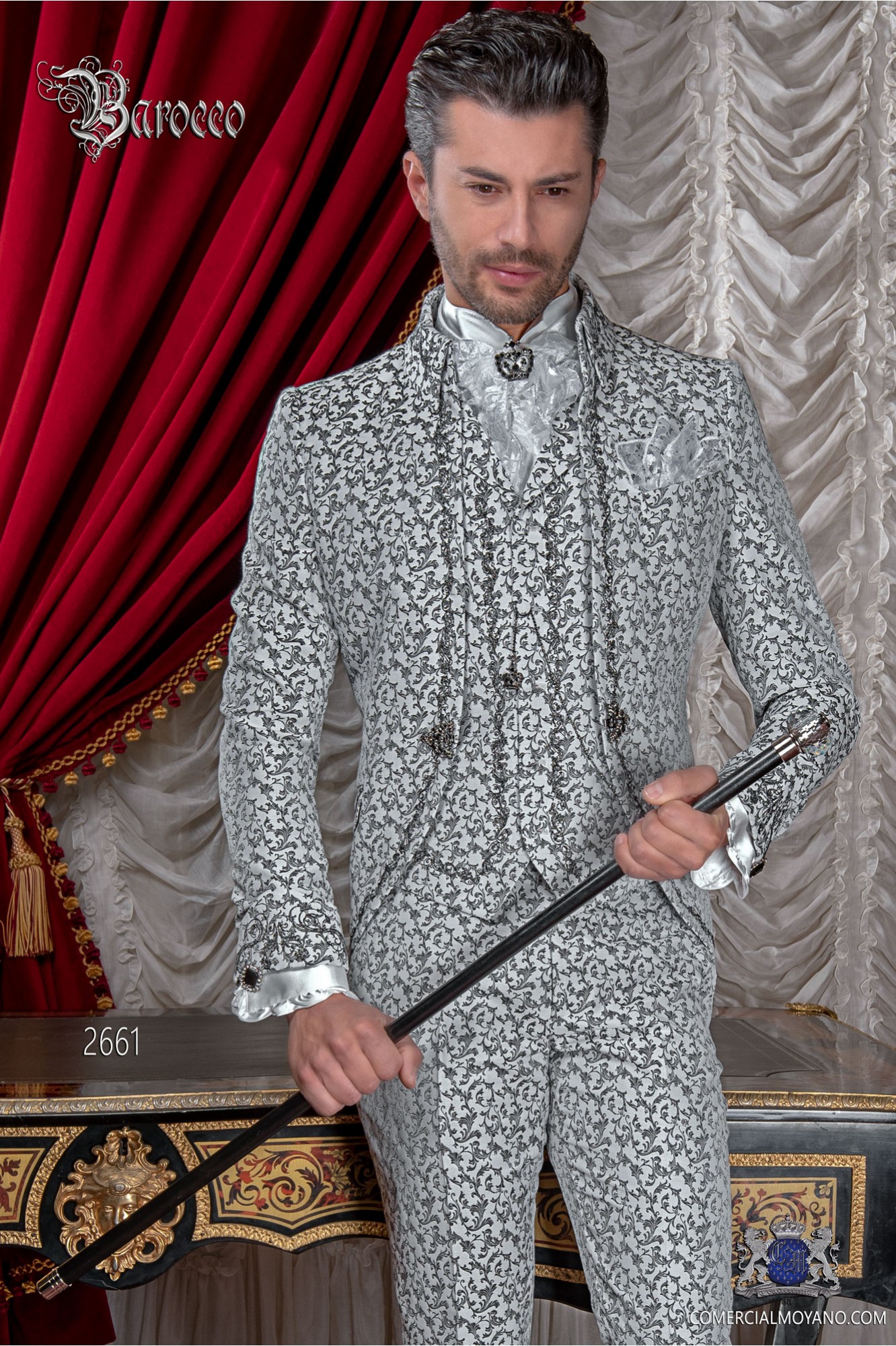Baroque groom suit, vintage Napoleon collar frock coat in white and black jacquard fabric with black embroidery model 2661 Mario Moyano