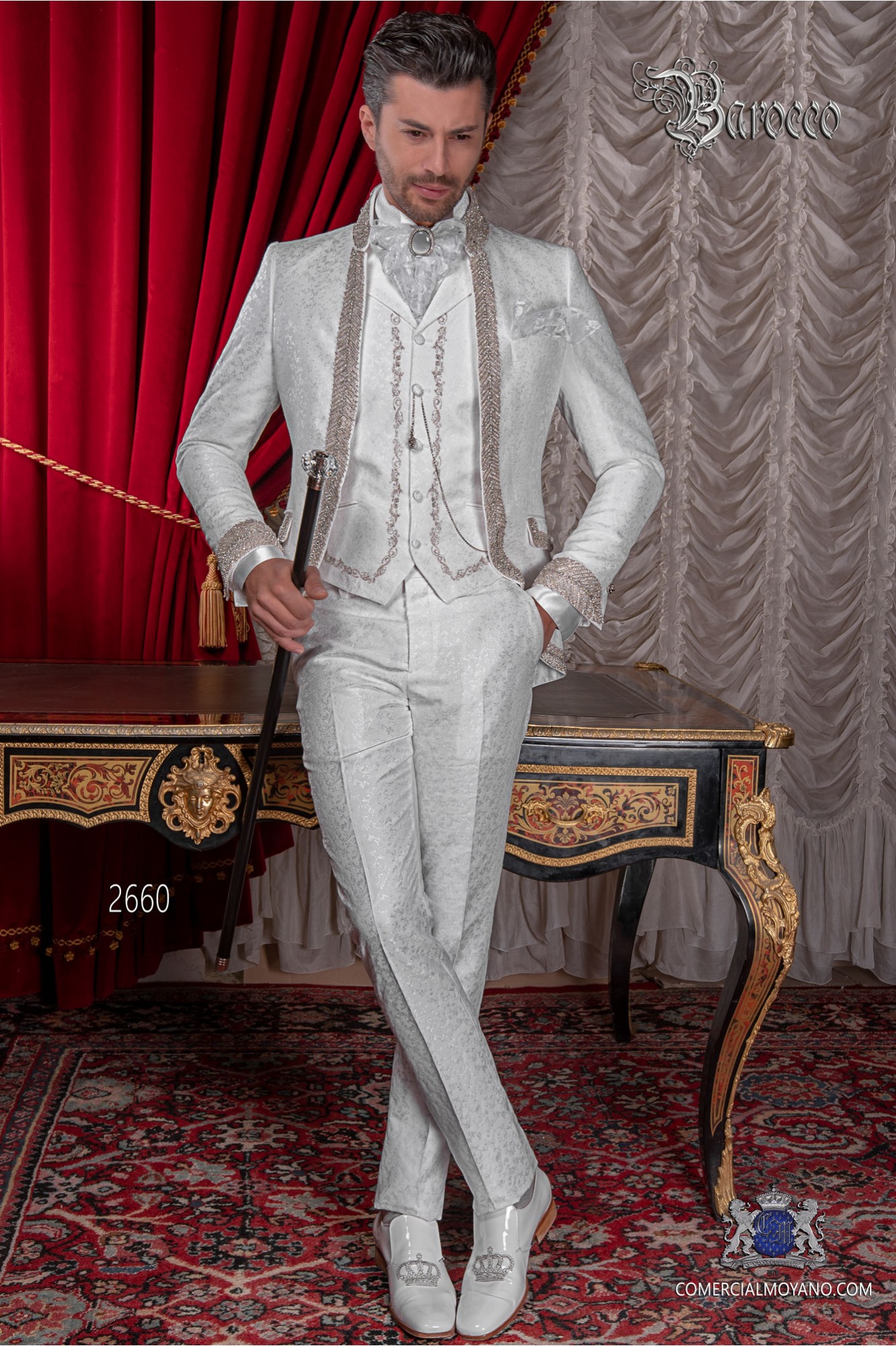 Baroque wedding suit, vintage frock coat in white floral brocade fabric, Mao collar with rhinestones model 2660 Mario Moyano