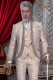 Baroque wedding suit, vintage frock coat in ivory and gold floral brocade fabric, Mao collar with rhinestones