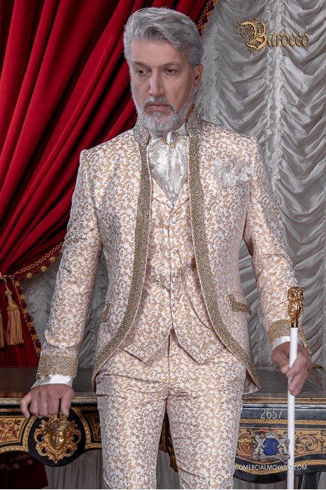 Baroque wedding suit, vintage frock coat in ivory and gold floral brocade fabric, Mao collar with rhinestones