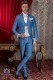 Costume de marié baroque, redingote col Napoléon vintage en tissu jacquard bleu et argent avec broderie en d'argent