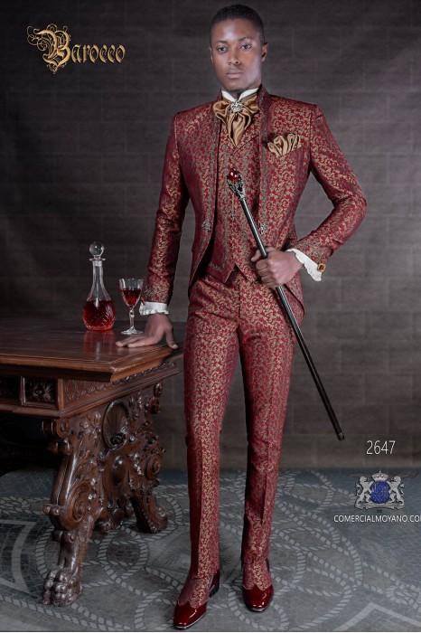 Baroque groom suit, vintage mao collar frock coat in red and gold jacquard fabric with silver embroidery