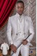 Baroque groom suit, vintage mao collar frock coat in white jacquard fabric with silver embroidery and crystal clasp