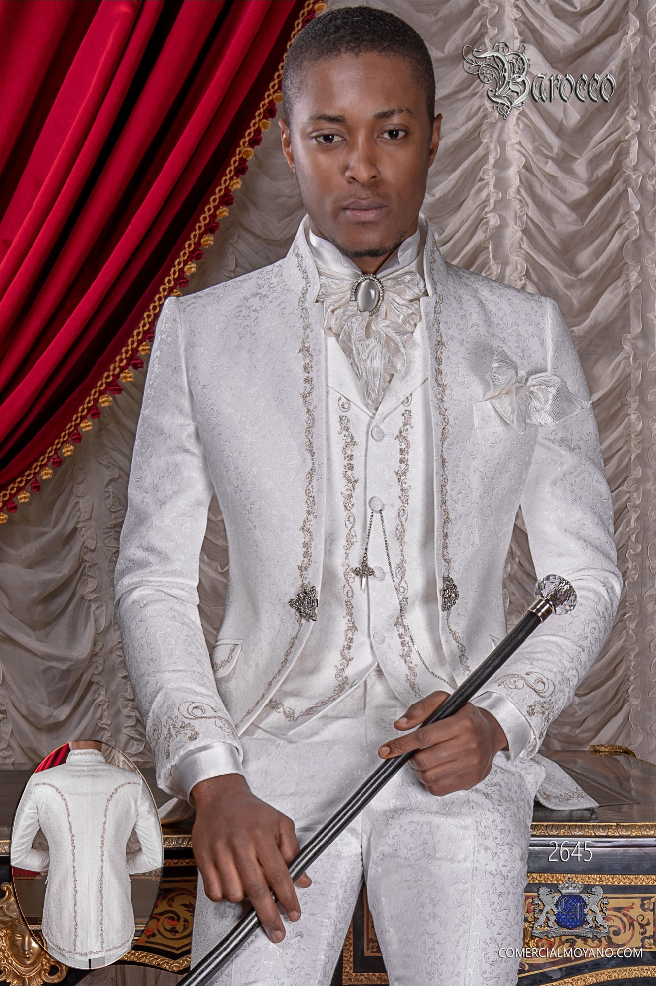 Baroque groom suit, vintage mao collar frock coat in white jacquard fabric with silver embroidery and crystal clasp model 2645 Mario Moyano