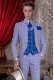 Baroque groom suit, vintage Napoleon collar frock coat in blue and white jacquard fabric with silver embroidery