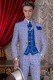 Costume de marié baroque, redingote col Napoléon vintage en tissu jacquard bleu et blanc avec broderie en d'argent