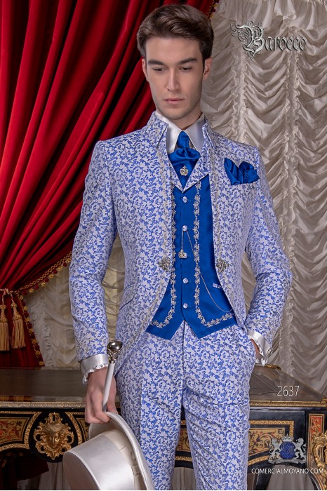 Barocker Bräutigam Anzug, Vintage Napoleon Kragen Gehrock in blau und weiß Jacquard Stoff mit Silberstickerei