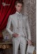 Baroque groom suit, vintage mao collar frock coat in pearl gray jacquard fabric with silver embroidery and crystal clasp