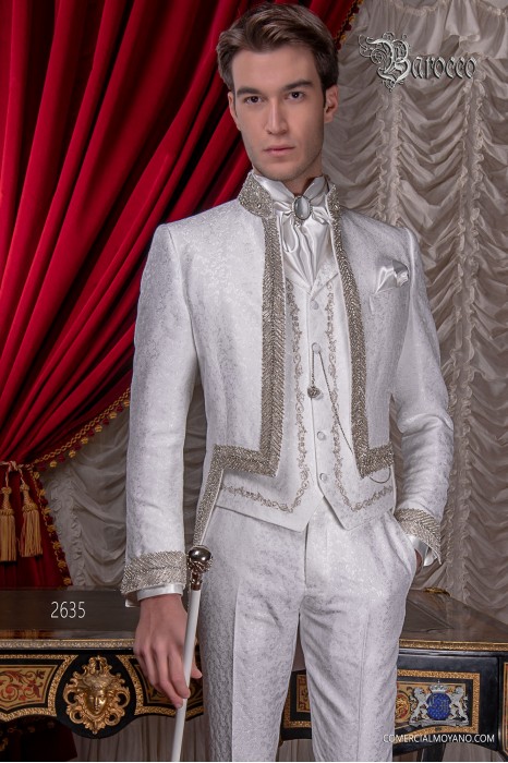 Baroque white brocade tail coat with Mao collar and rhinestones