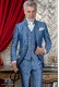Costume de marié baroque, mao col redingote vintage en tissu jacquard bleu et argent avec broderie en d'argent