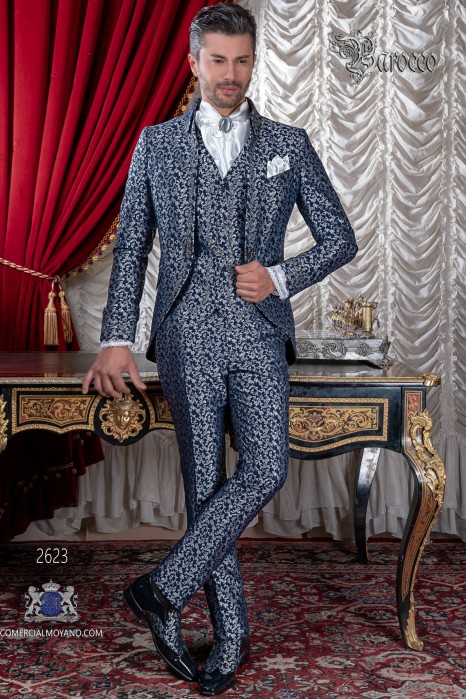 Baroque groom suit, vintage Napoleon collar frock coat in blue and silver jacquard fabric with silver embroidery