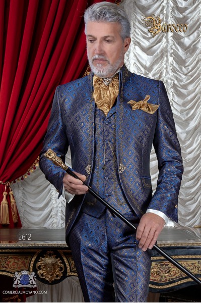 Barocker Bräutigam Anzug, Vintage Napoleon Kragen Gehrock in blauem Jacquard Stoff mit goldene Stickerei