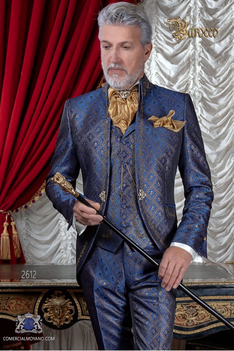 Costume de marié baroque, redingote col Napoléon vintage en tissu jacquard bleu-or avec broderie en d'or