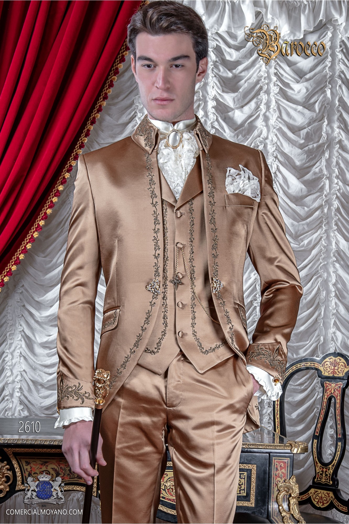 Baroque groom suit, vintage Mao frock coat in golden satin fabric with bronze embroidery